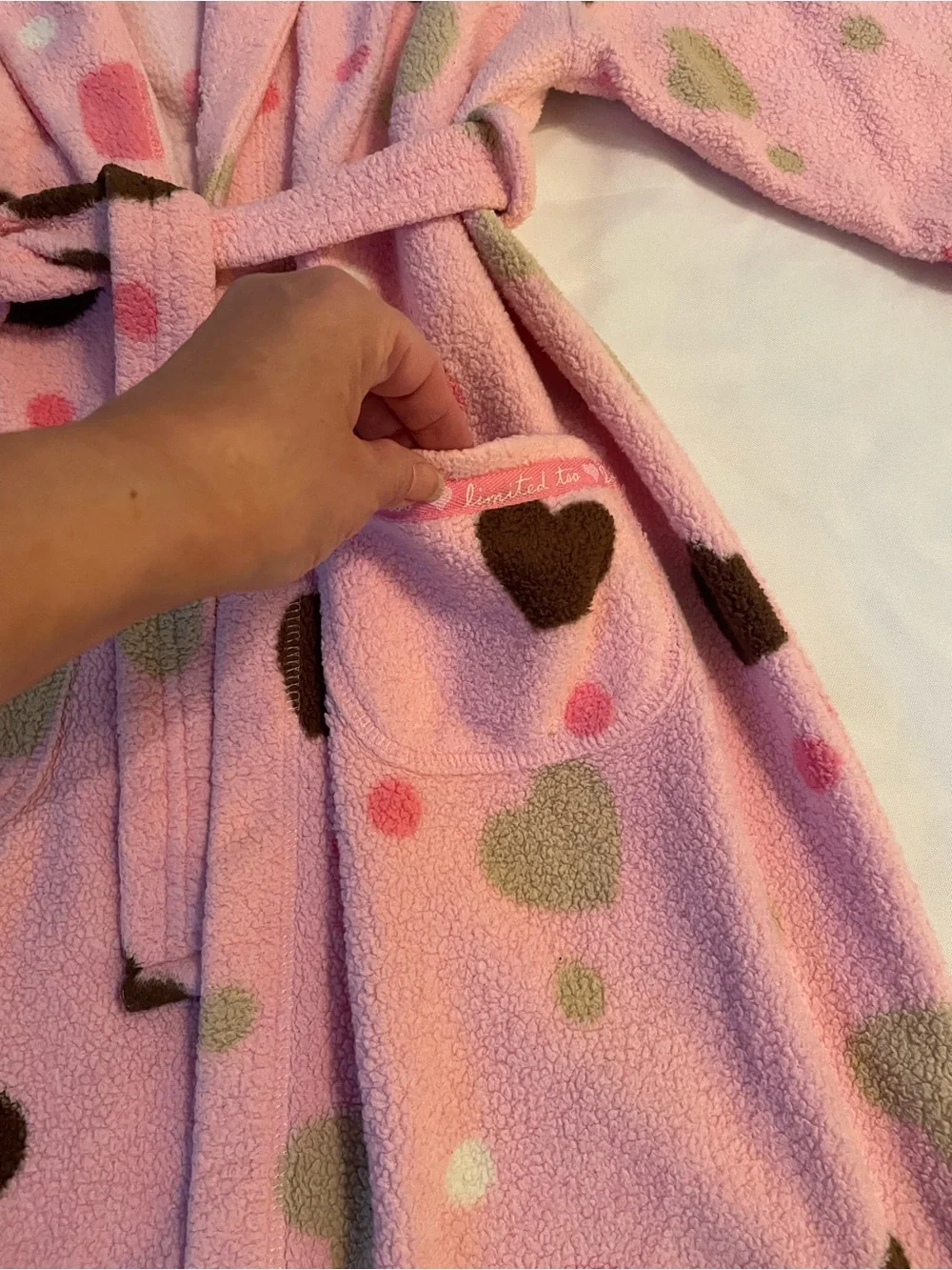 Limited Too Kids Pink Heart Print Plush Robe Tie Waist Patch Pockets Size 18/20‎